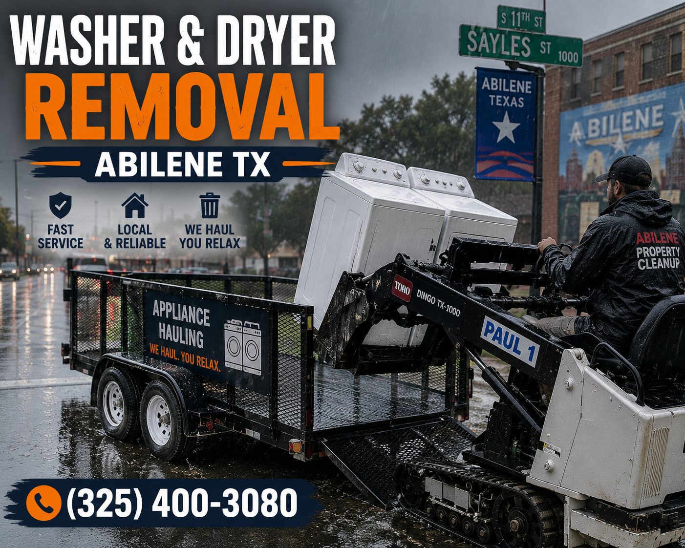 Washer and dryer removal on Sayles Boulevard in Abilene TX during a rainy day using a Toro Dingo and utility trailer.