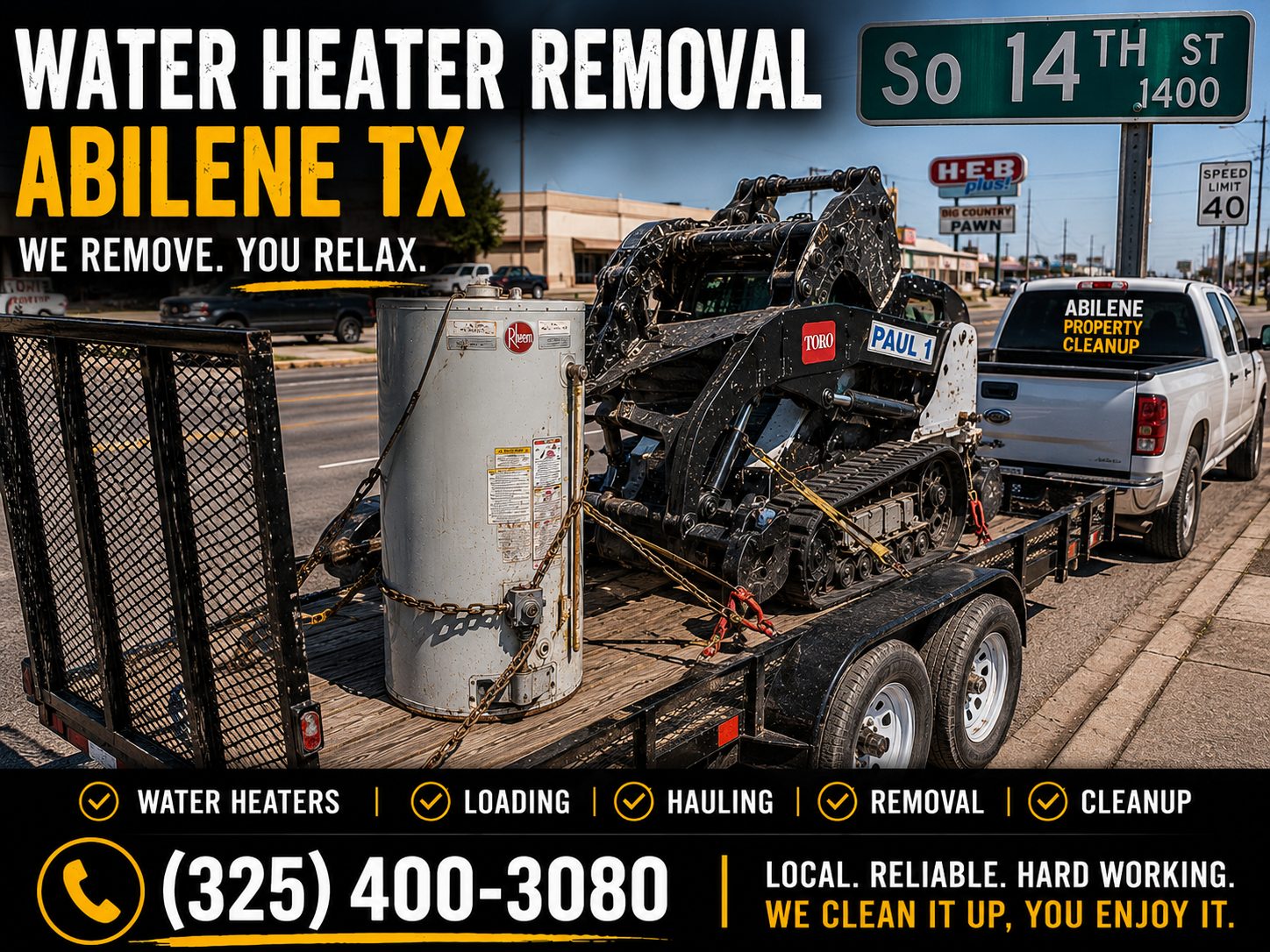 Old water heater secured on a utility trailer for hauling in Abilene TX.