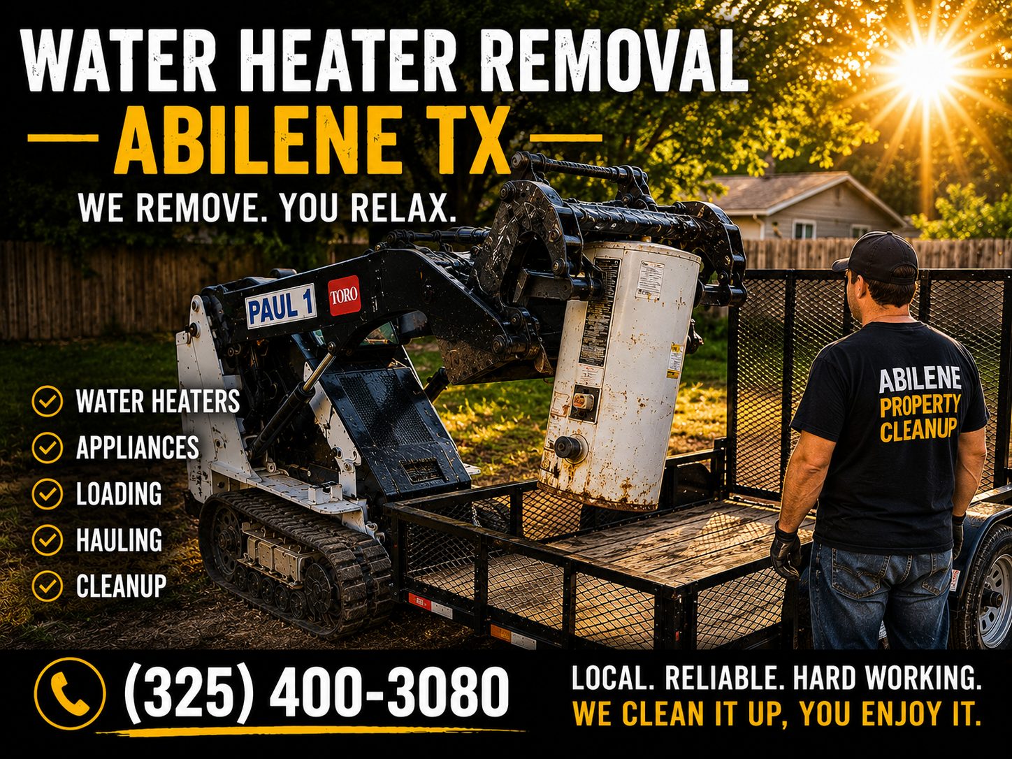 Water heater removal in Abilene TX with an old residential water heater loaded onto a utility trailer by Abilene Property Cleanup.