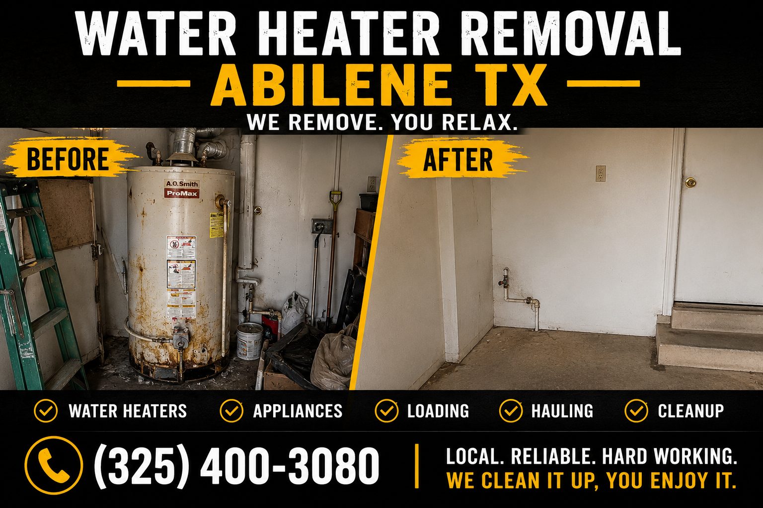 Before and after water heater removal showing a clean garage after an old water heater was hauled away in Abilene TX.