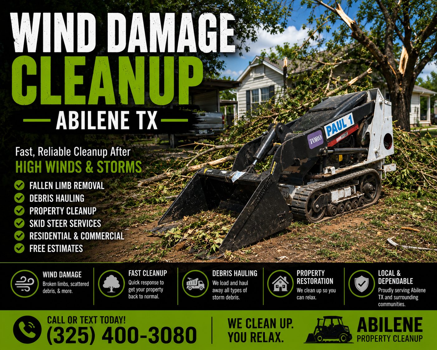 Toro Dingo mini skid steer removing fallen tree limbs and storm debris during wind damage cleanup in Abilene TX.