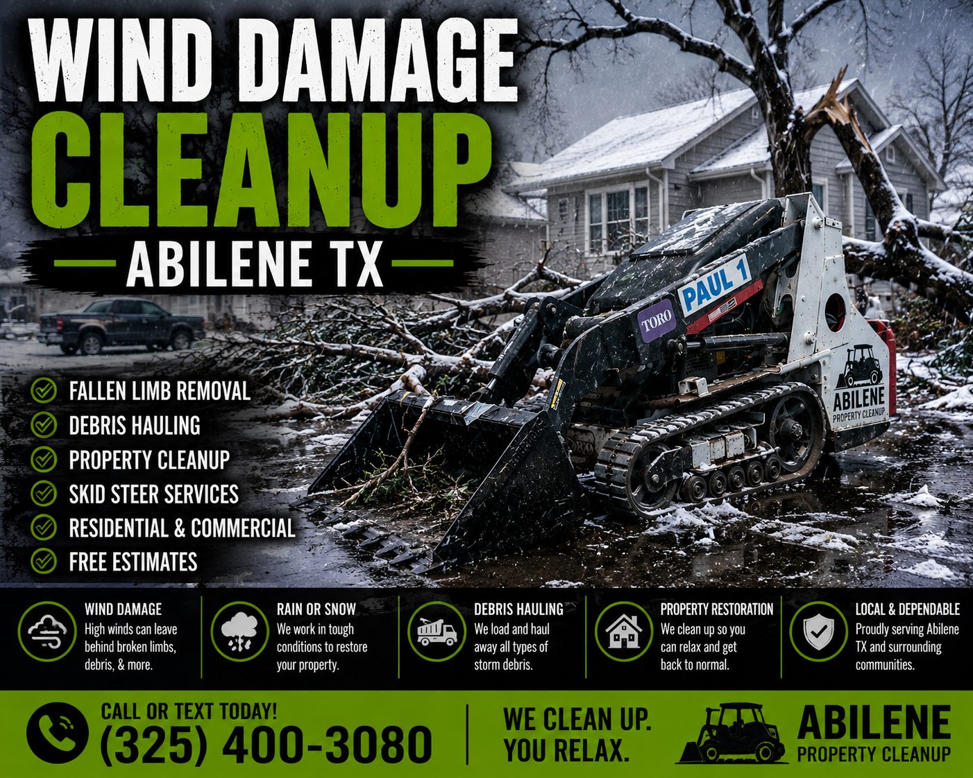 Mini skid steer removing storm debris during winter wind damage cleanup with snow and rain in Abilene TX.