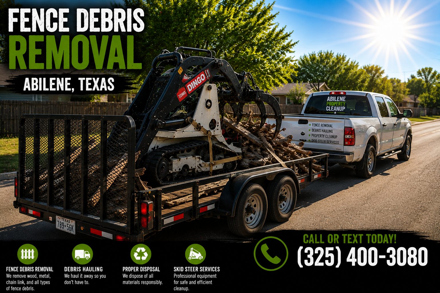 Trailer hauling removed wood fence materials in Abilene Texas