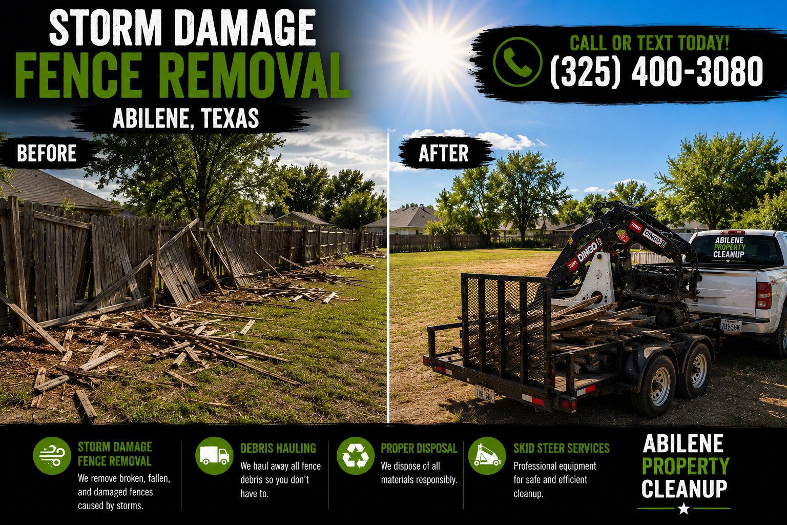Before and after wood fence removal project in Abilene Texas