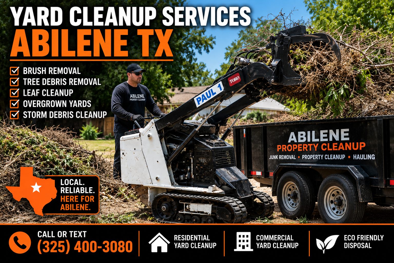 Toro Dingo mini skid steer using a bucket grapple to load brush and tree debris during yard cleanup services in Abilene TX.
