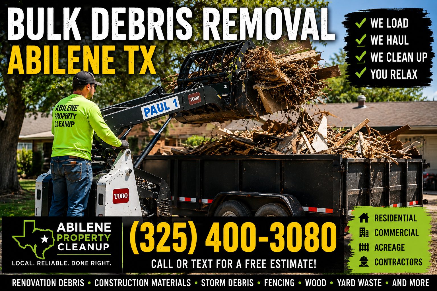 Action photo of bulk debris removal in Abilene TX using a Toro mini skid steer and trailer