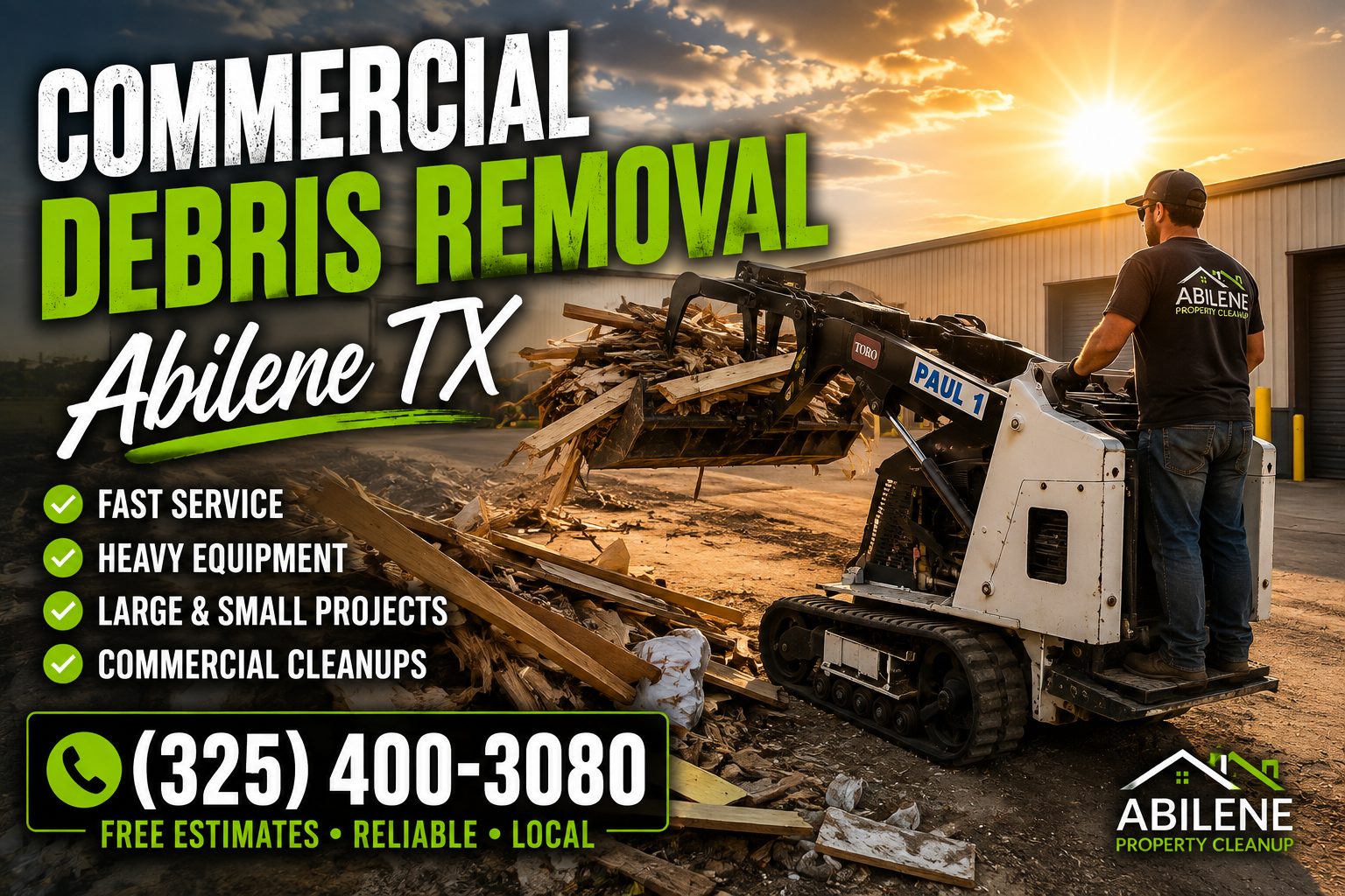 Worker operating a Toro mini skid steer with wood debris in the grapple during commercial debris removal in Abilene TX