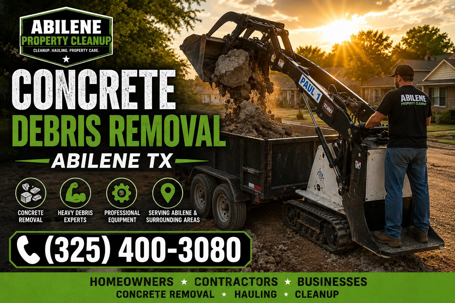 Worker operating a mini skid steer to load broken concrete debris in Abilene TX