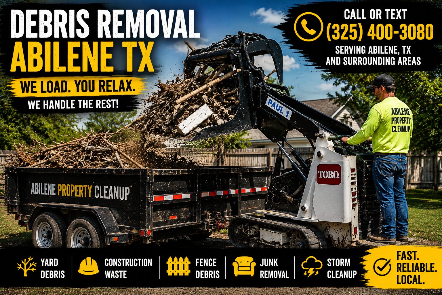 Action view of debris removal in Abilene TX with a Toro mini skid steer loading branches and mixed debris into a trailer
