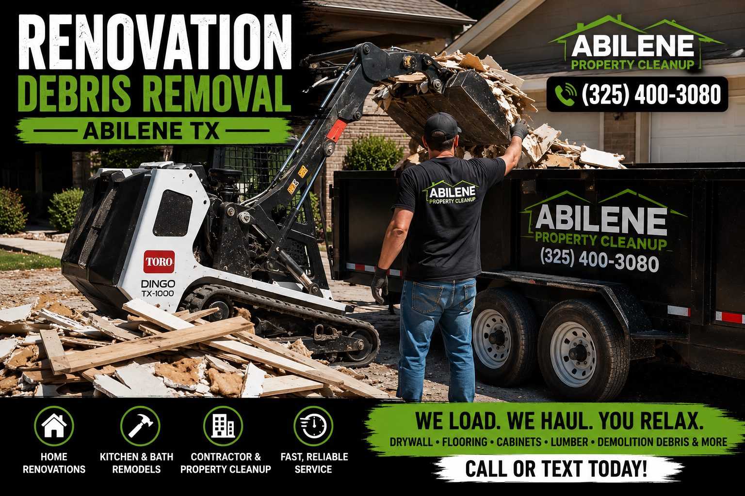 Action image of renovation debris removal in Abilene TX using a compact loader and trailer