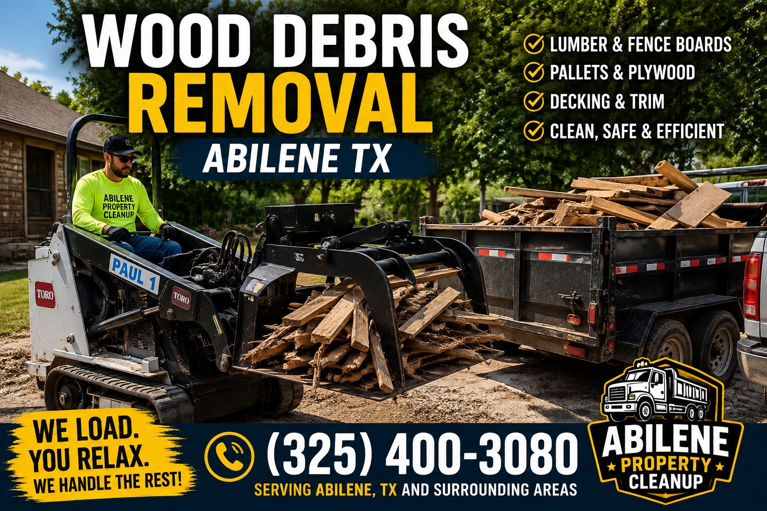 Abilene Property Cleanup mini skid steer loading wood debris into a trailer in Abilene TX