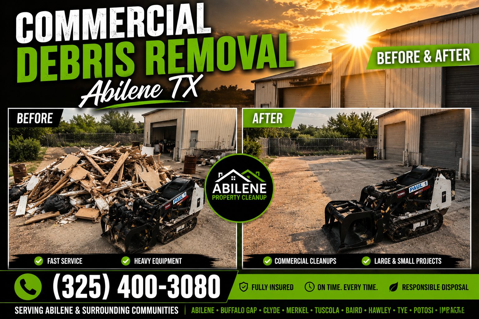 Before and after commercial debris removal at a property in Abilene TX