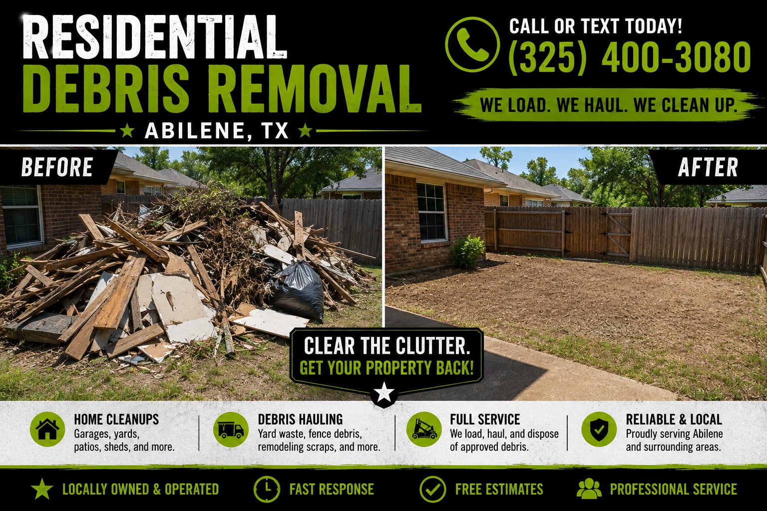 Before and after residential debris removal in Abilene TX showing a cluttered backyard transformed into a clean residential property