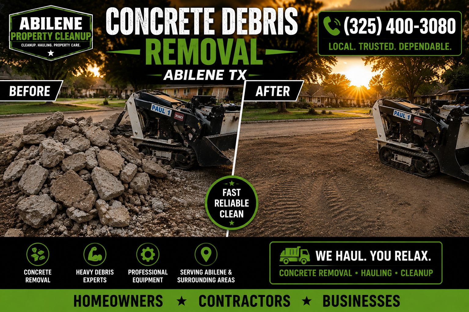 Before and after concrete debris removal in Abilene TX showing broken concrete cleared with a mini skid steer