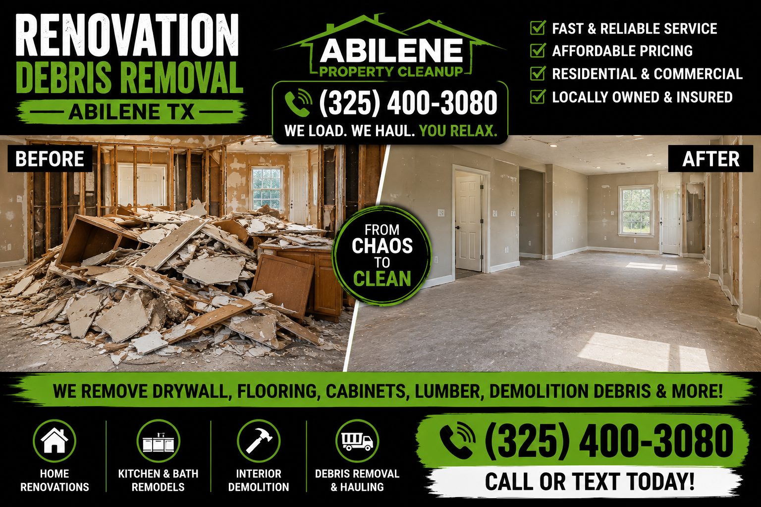 Before and after renovation debris removal in Abilene TX showing a cluttered remodel site transformed into a clean room