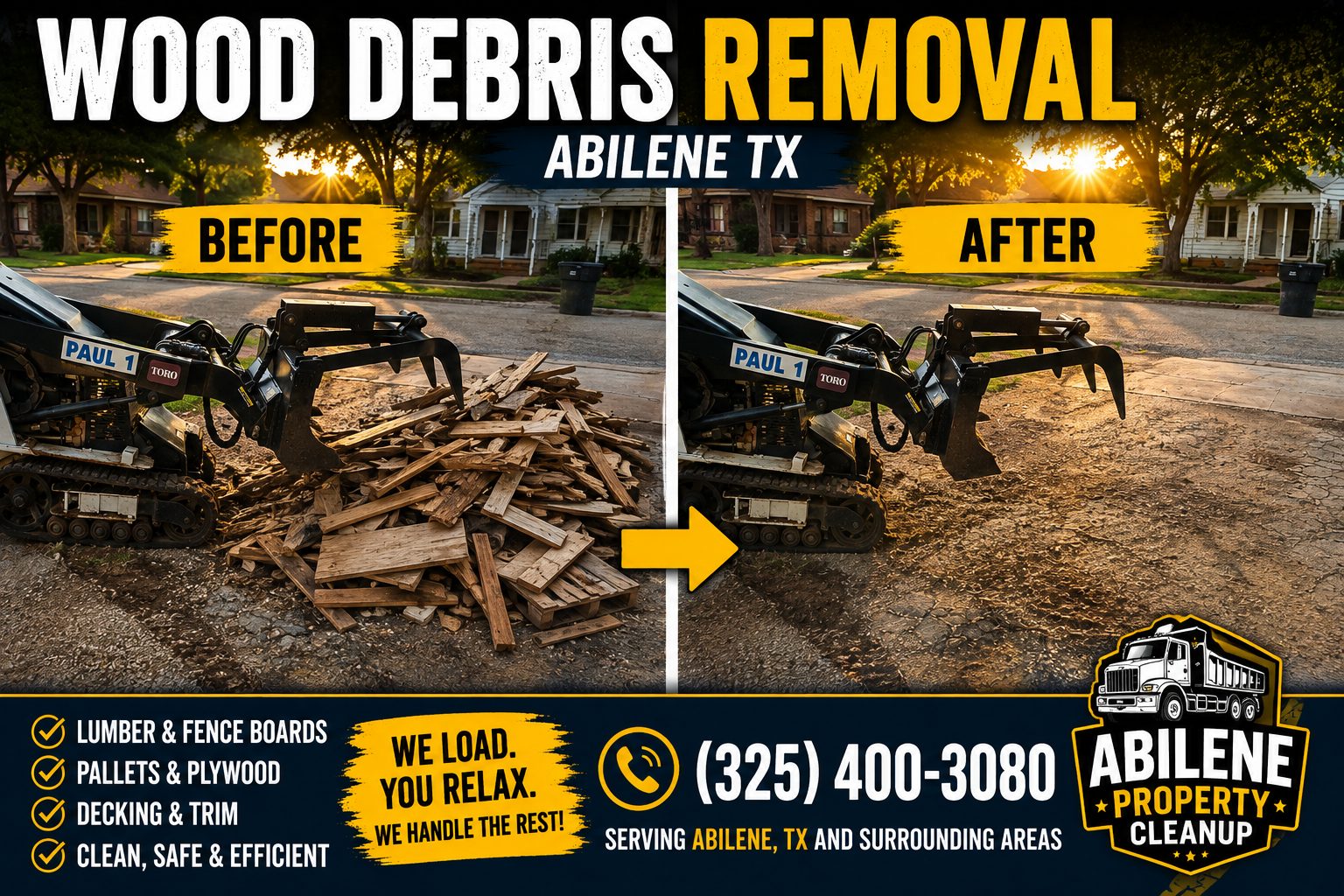 Before and after wood debris removal in Abilene TX showing a wood pile cleared with a mini skid steer