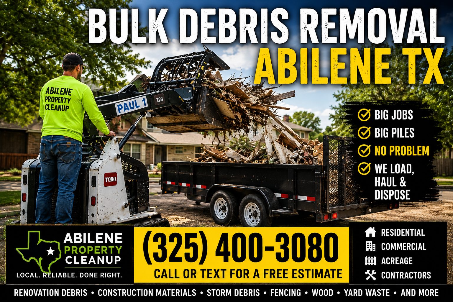 Bulk debris removal in Abilene TX using a Toro mini skid steer and trailer