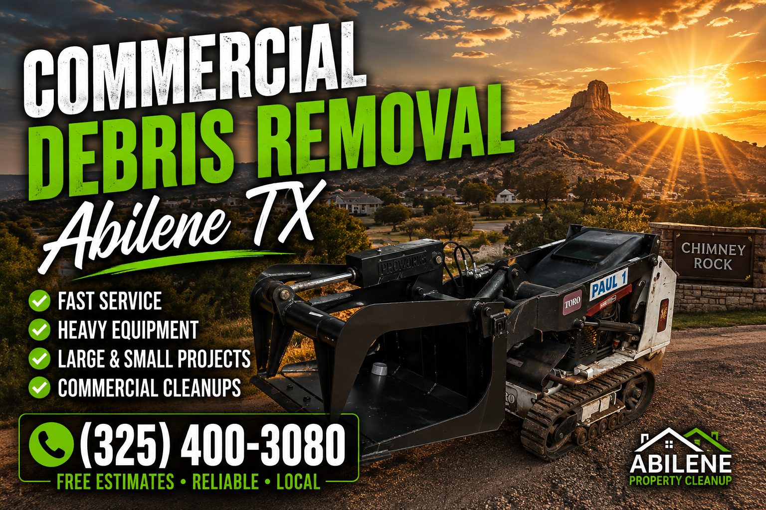 Toro mini skid steer near Chimney Rock for commercial debris removal in Abilene TX