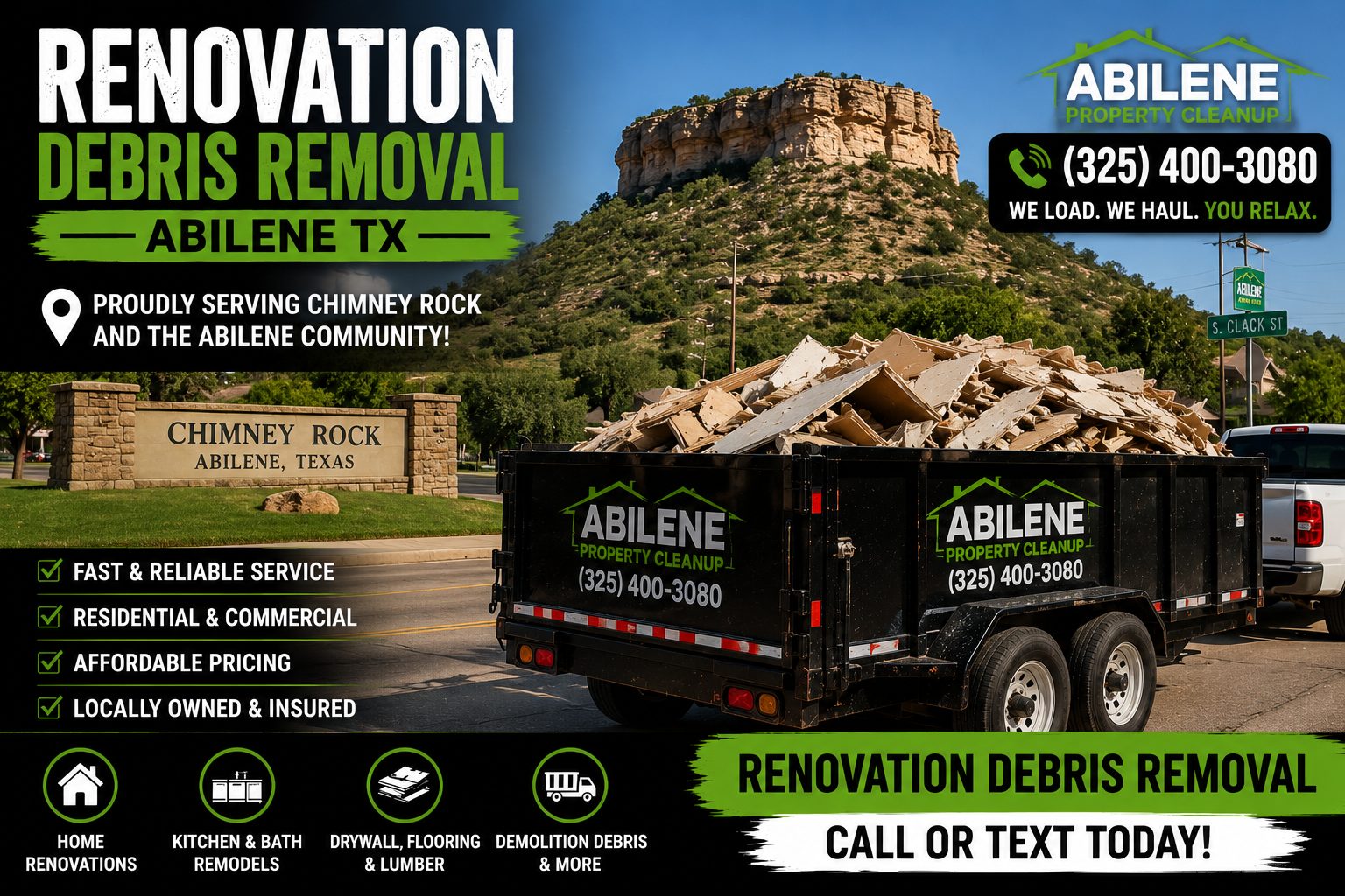 Renovation debris removal near Chimney Rock in Abilene TX with a loaded trailer