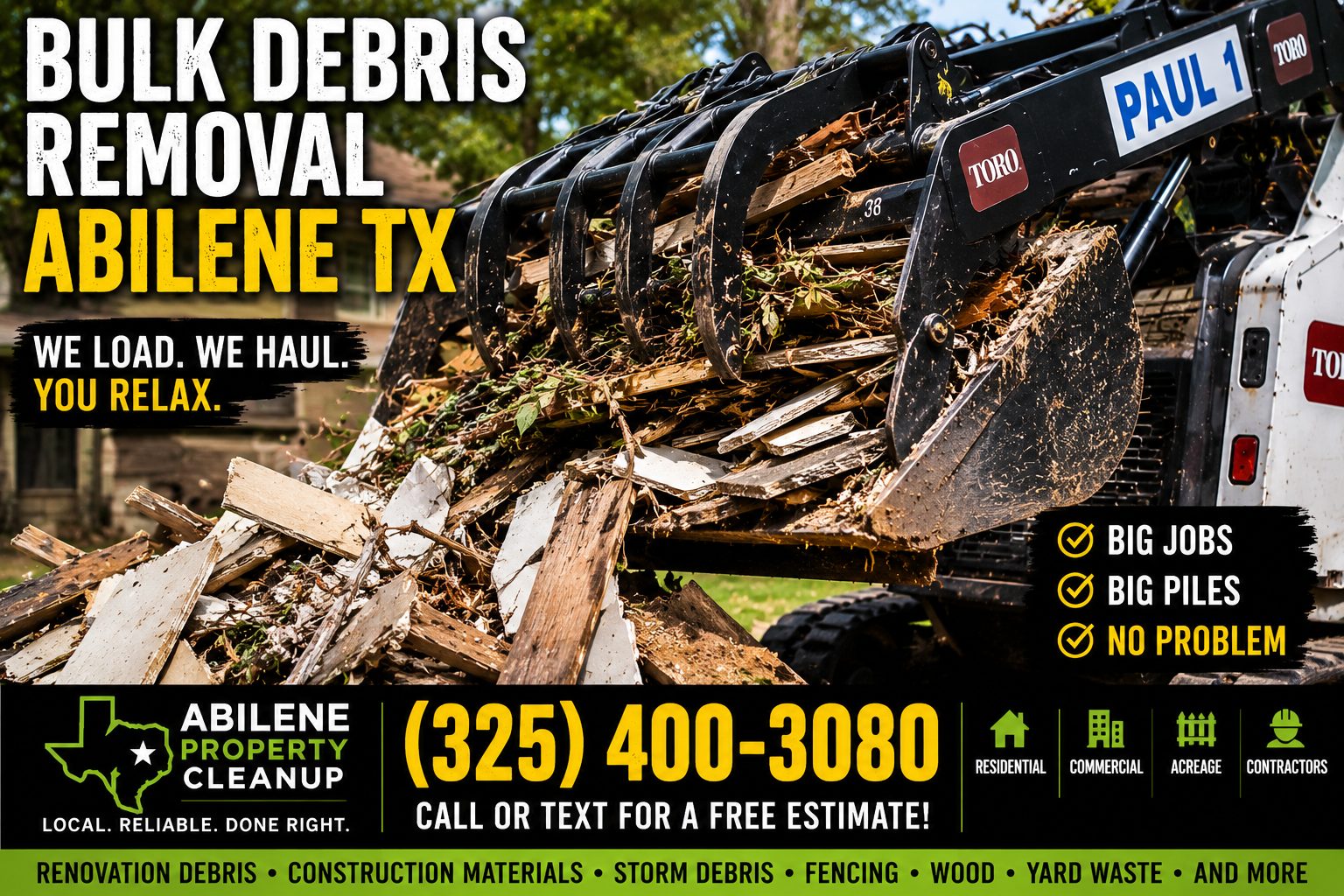 Close-up of bulk debris removal in Abilene TX with a Toro mini skid steer grapple