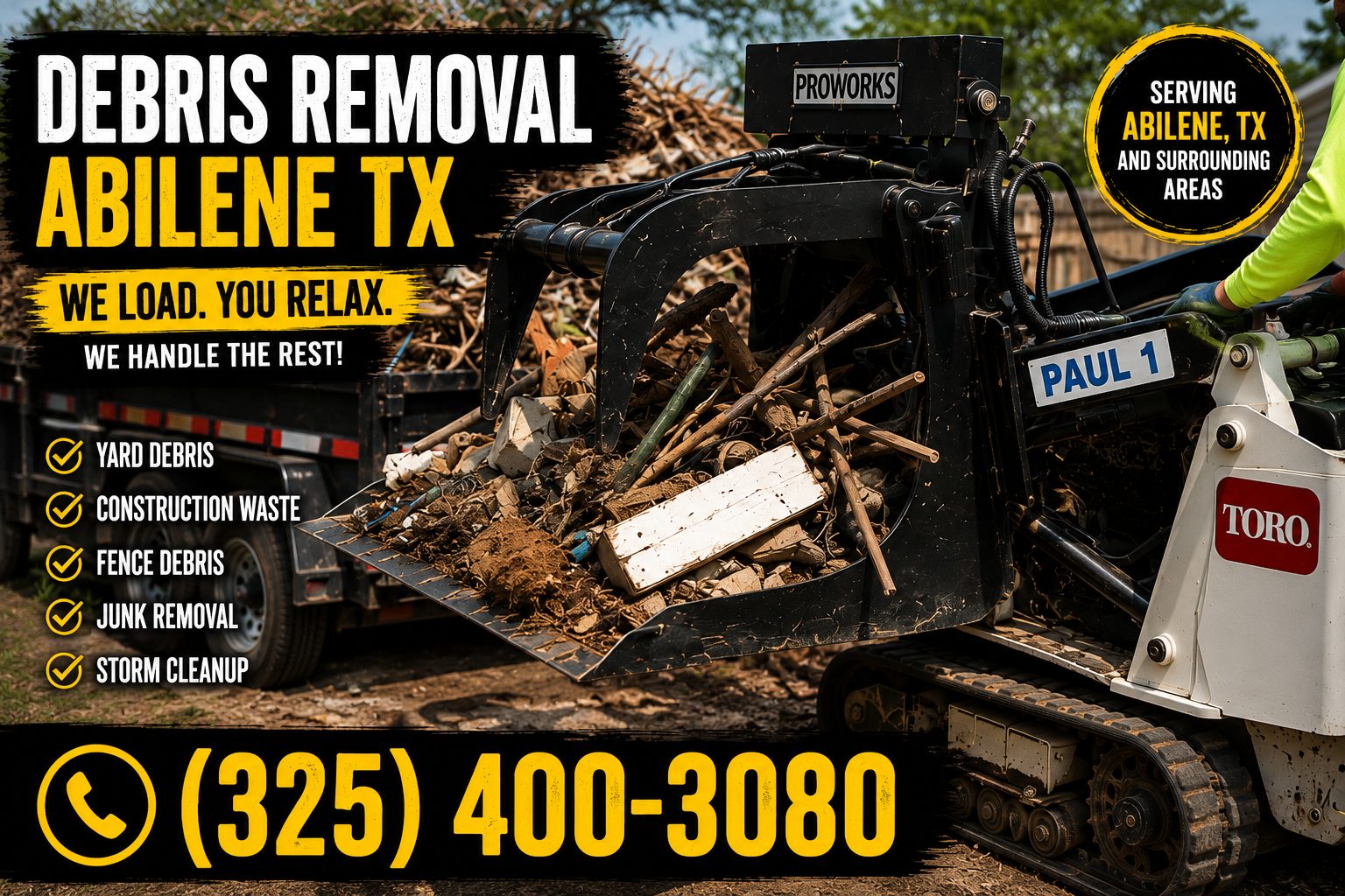 Close-up of debris removal in Abilene TX using a Toro mini skid steer grapple to load yard debris, construction waste, fence debris, junk, and storm cleanup material