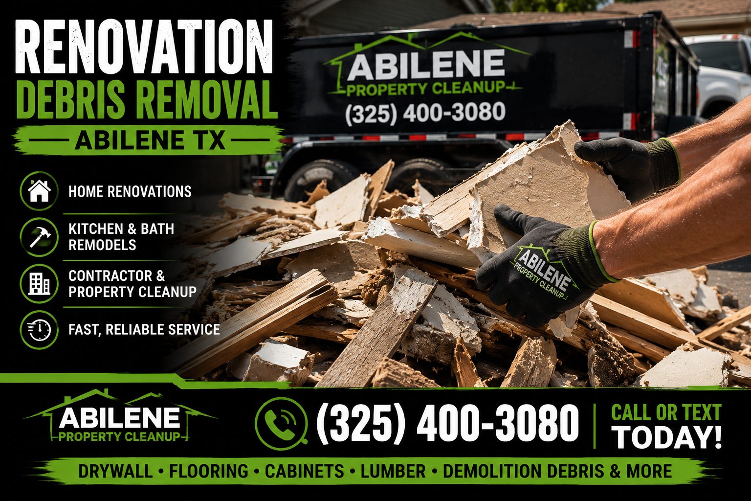 Close-up of renovation debris removal in Abilene TX with drywall and lumber being loaded for hauling