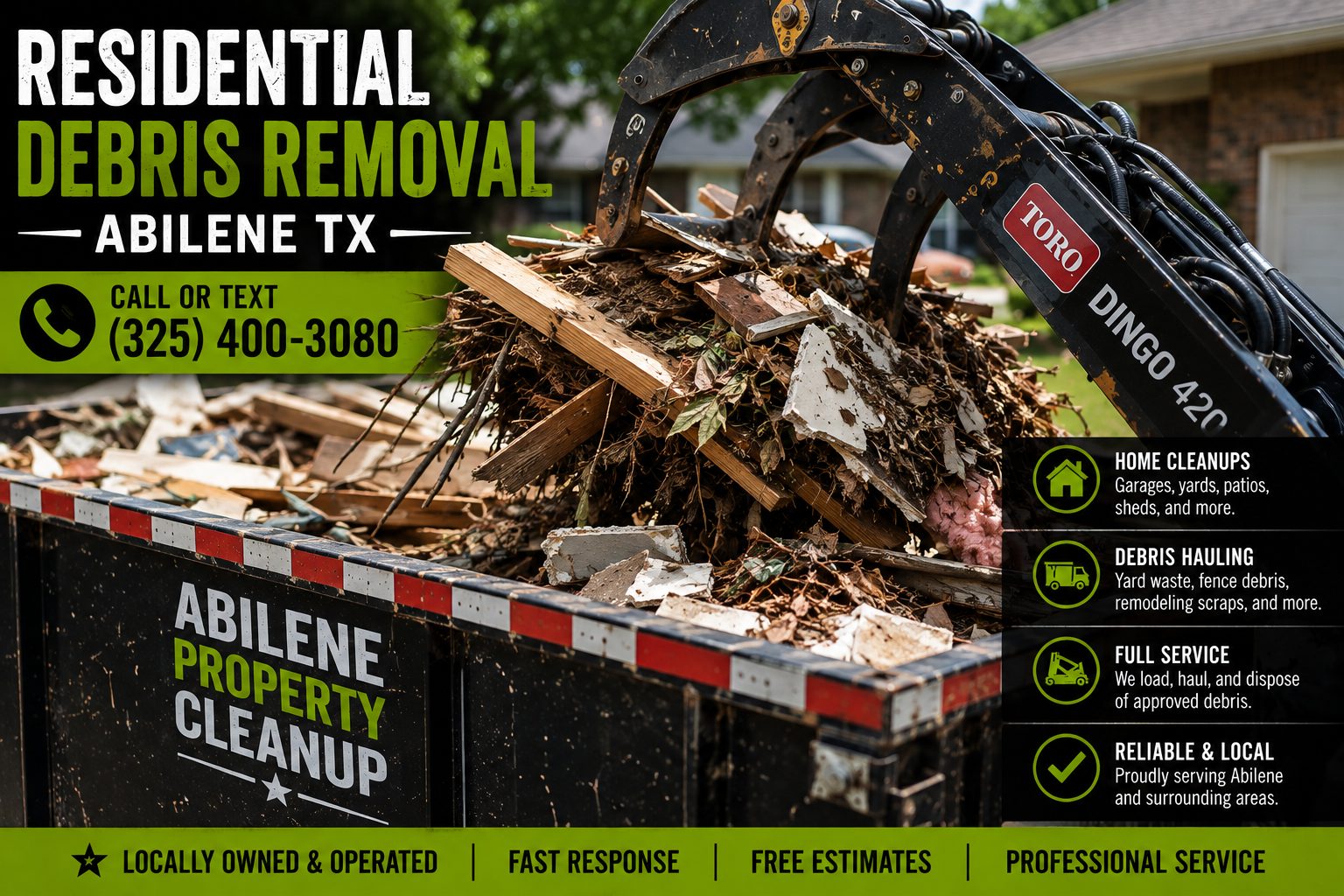 Close-up residential debris removal in Abilene TX showing a Toro Dingo grapple loading mixed yard, fence, remodeling, and home cleanup debris