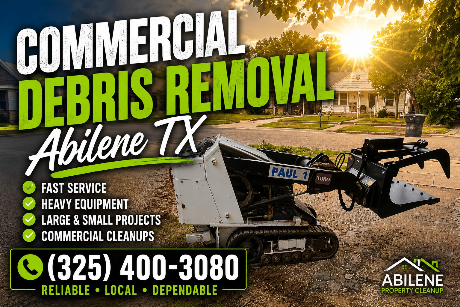 Commercial debris removal in Abilene TX using a Toro mini skid steer