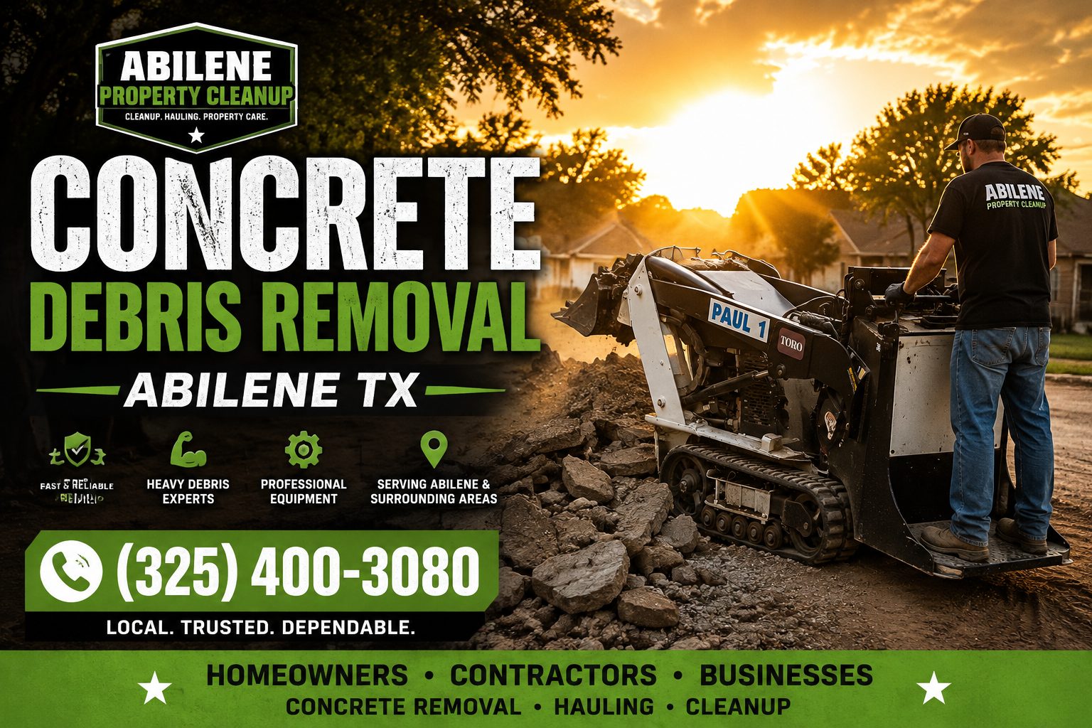 Concrete debris removal in Abilene TX using a Toro mini skid steer at sunset