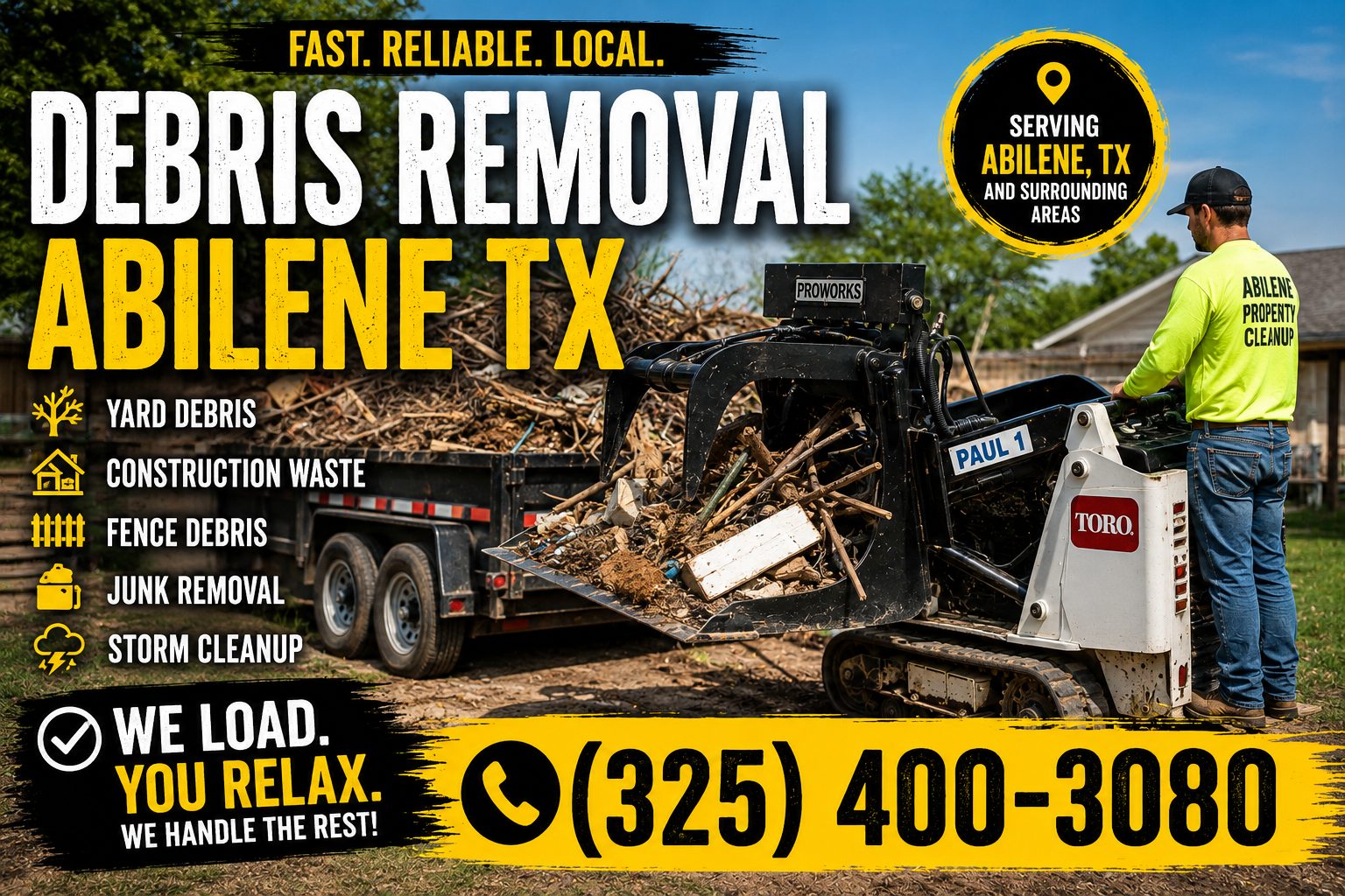 Debris removal in Abilene TX using a Toro mini skid steer to load yard debris, construction waste, fence debris, junk, and storm cleanup material