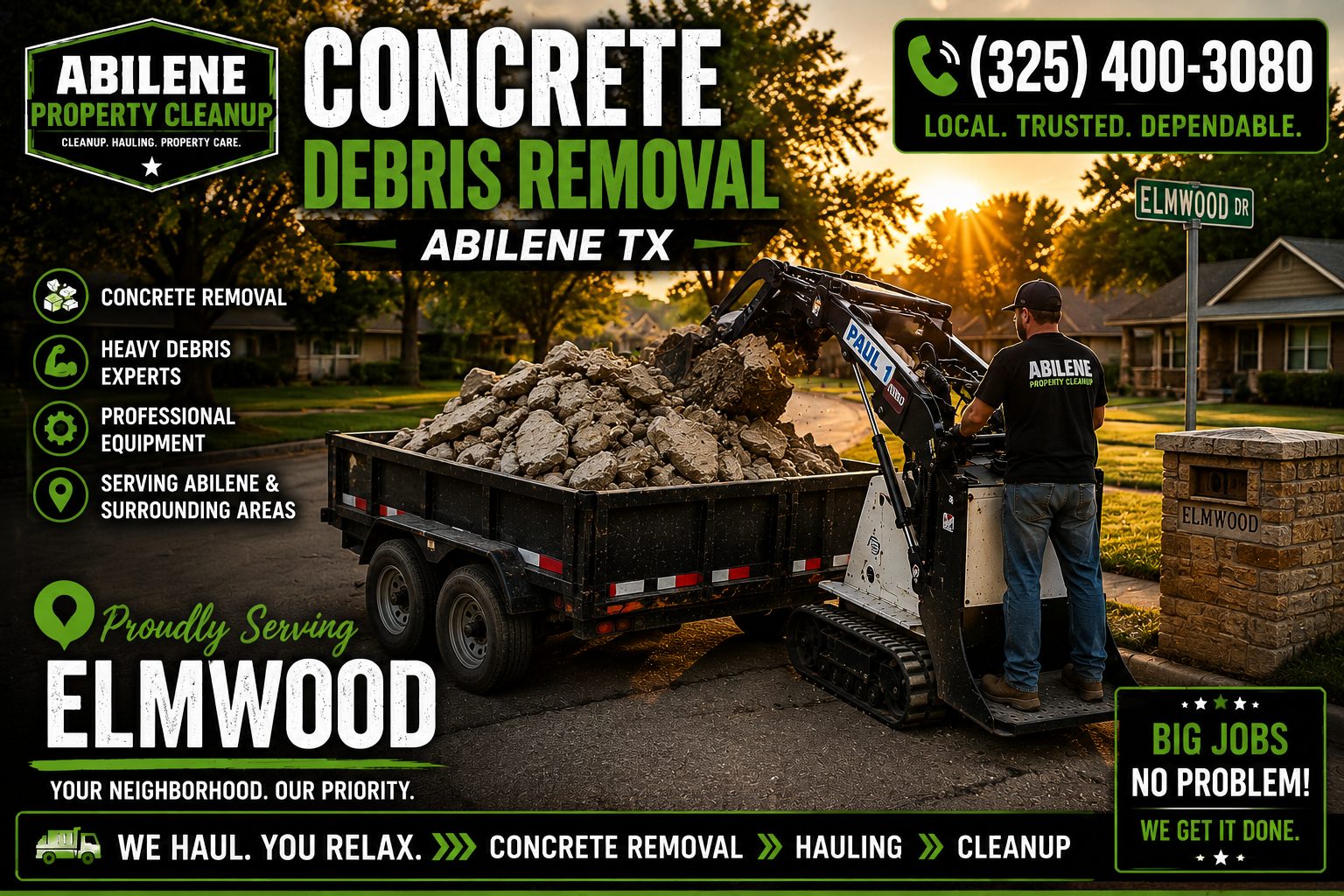 Concrete debris removal in the Elmwood neighborhood of Abilene TX using a mini skid steer and trailer