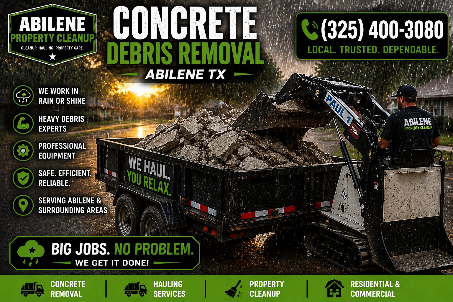 Concrete debris removal in the rain in Abilene TX using a mini skid steer and trailer