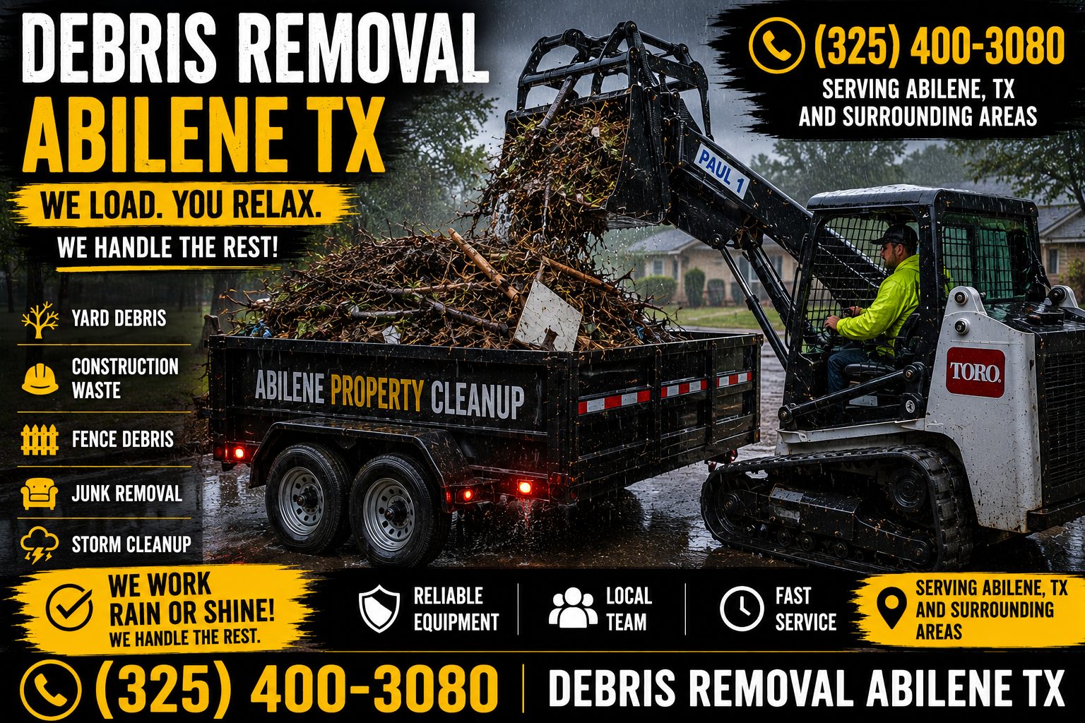 Debris removal in the rain in Abilene TX with a Toro mini skid steer loading wet branches and mixed cleanup debris into a trailer
