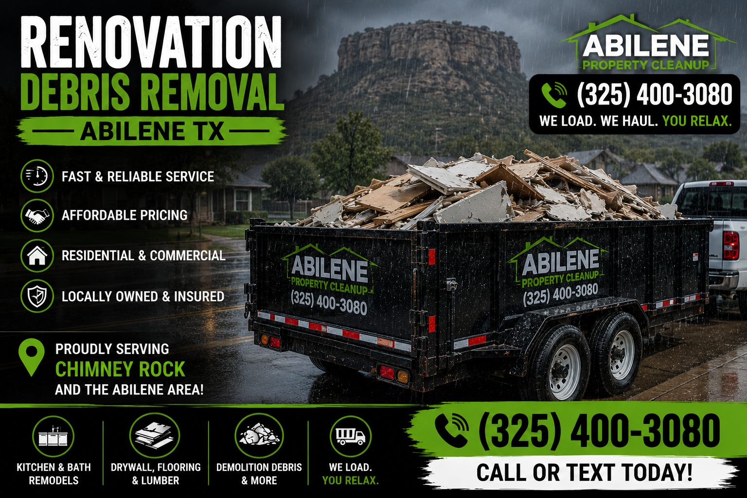 Renovation debris removal in the rain in Abilene TX with a loaded trailer