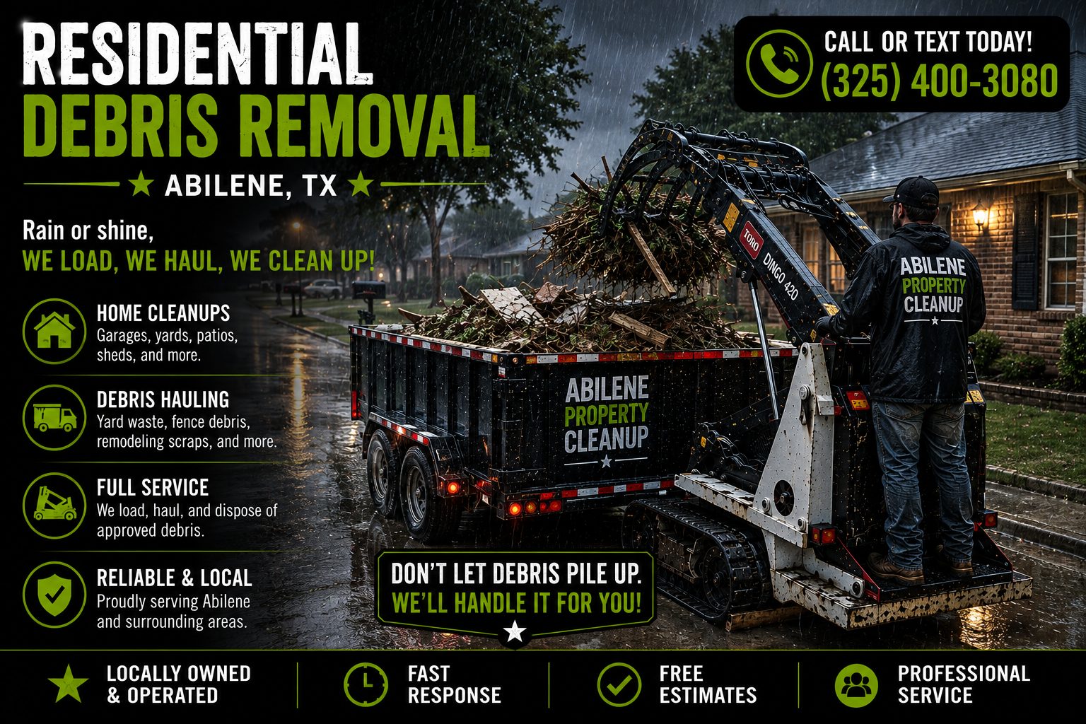 Residential debris removal in the rain in Abilene TX showing a Toro Dingo mini skid steer loading wet yard, fence, and remodeling debris into a trailer