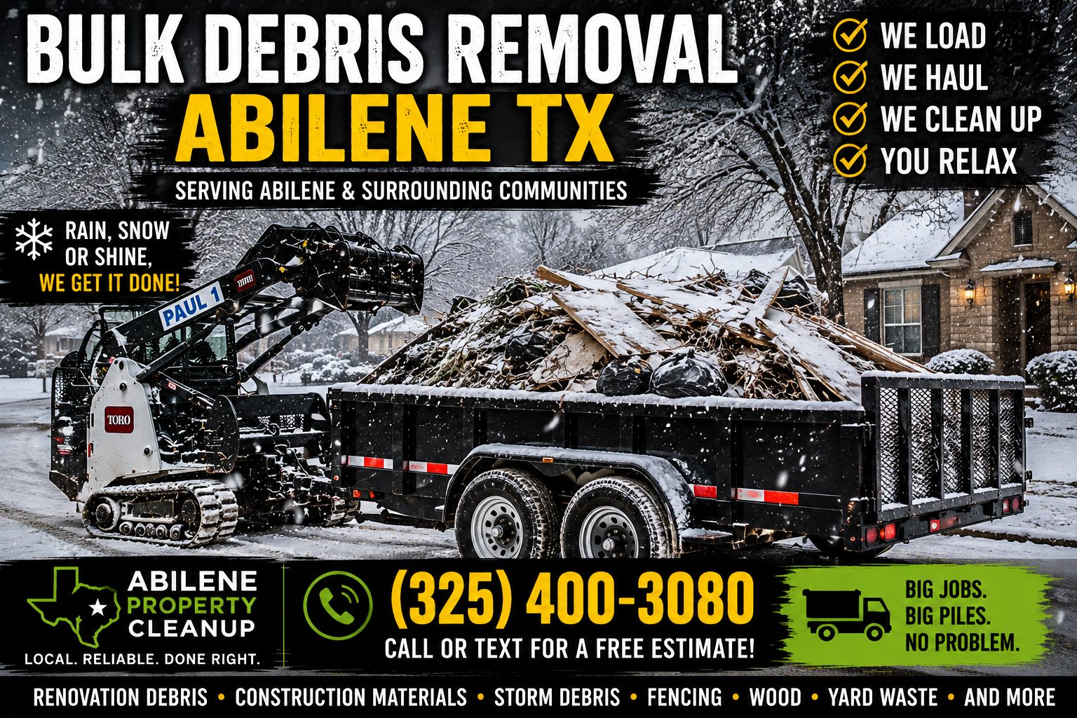 Bulk debris removal in the snow in Abilene TX with a Toro mini skid steer and loaded trailer