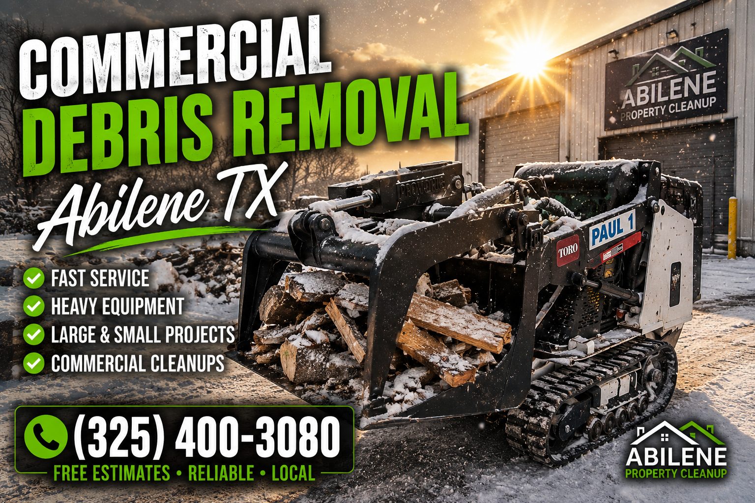 Commercial debris removal in snow in Abilene TX using a Toro mini skid steer