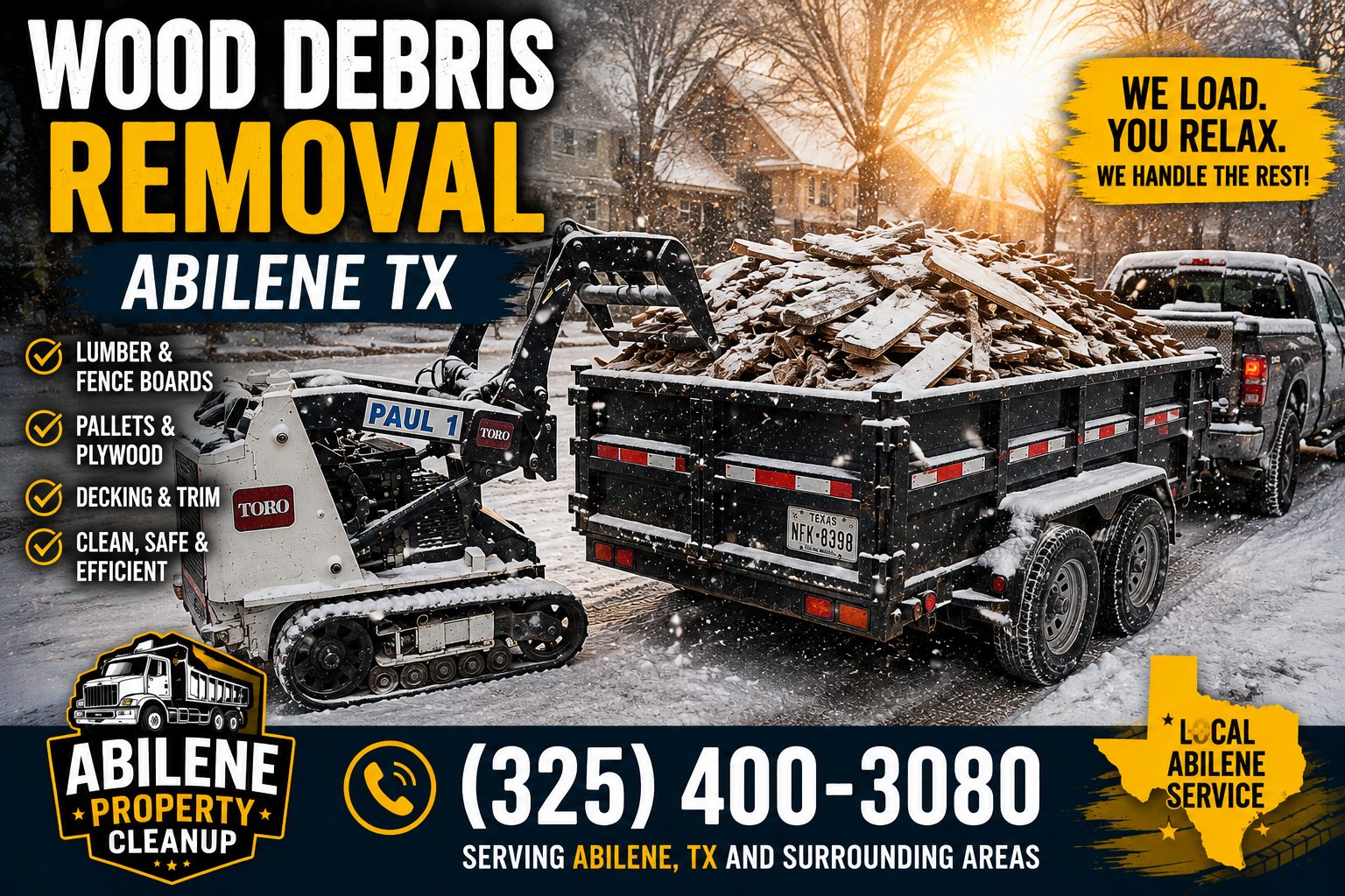 Wood debris removal in snow with a loaded trailer and Toro mini skid steer in Abilene TX