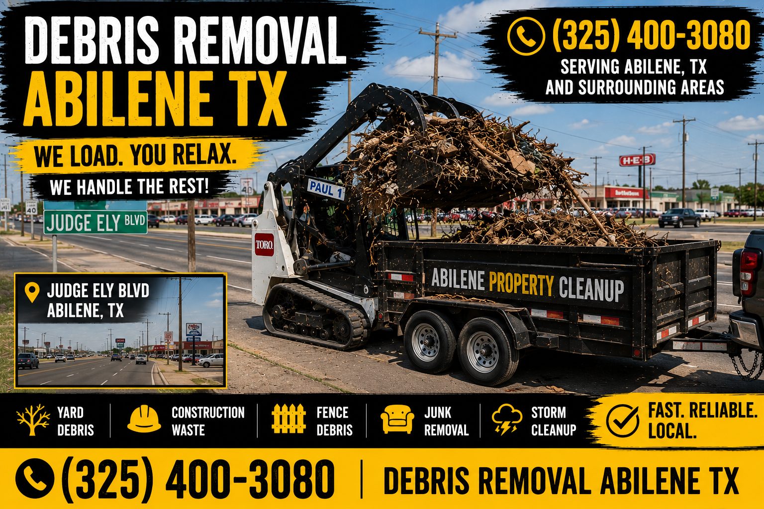 Debris removal near Judge Ely Boulevard in Abilene TX with a Toro mini skid steer loading branches and mixed debris into a trailer