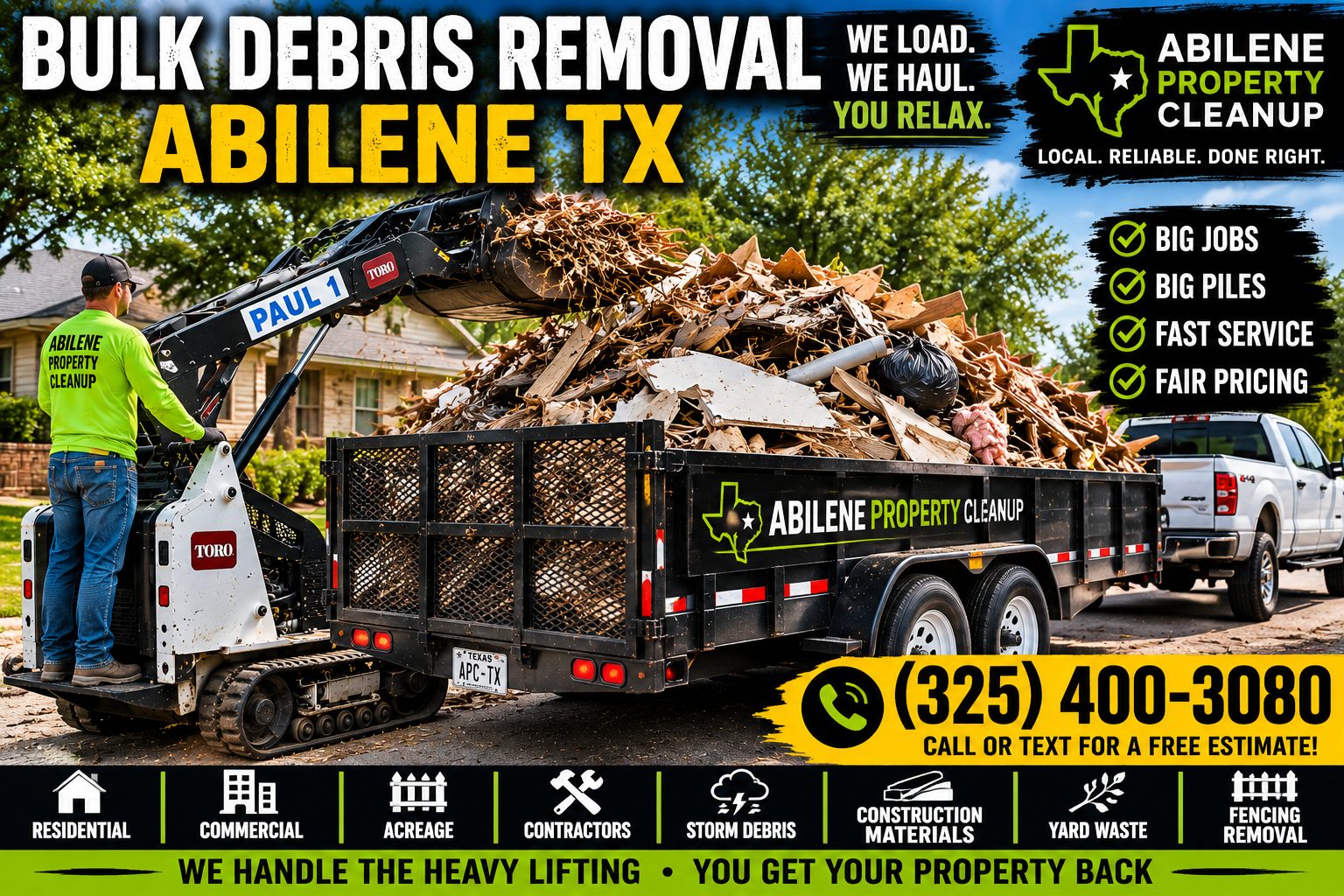 Loaded trailer for bulk debris removal in Abilene TX with a Toro mini skid steer