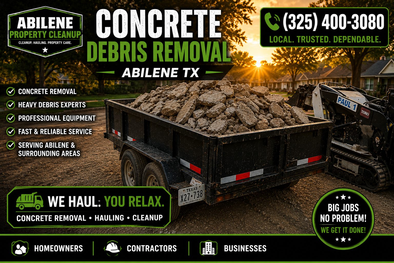 Loaded trailer filled with broken concrete debris during removal service in Abilene TX