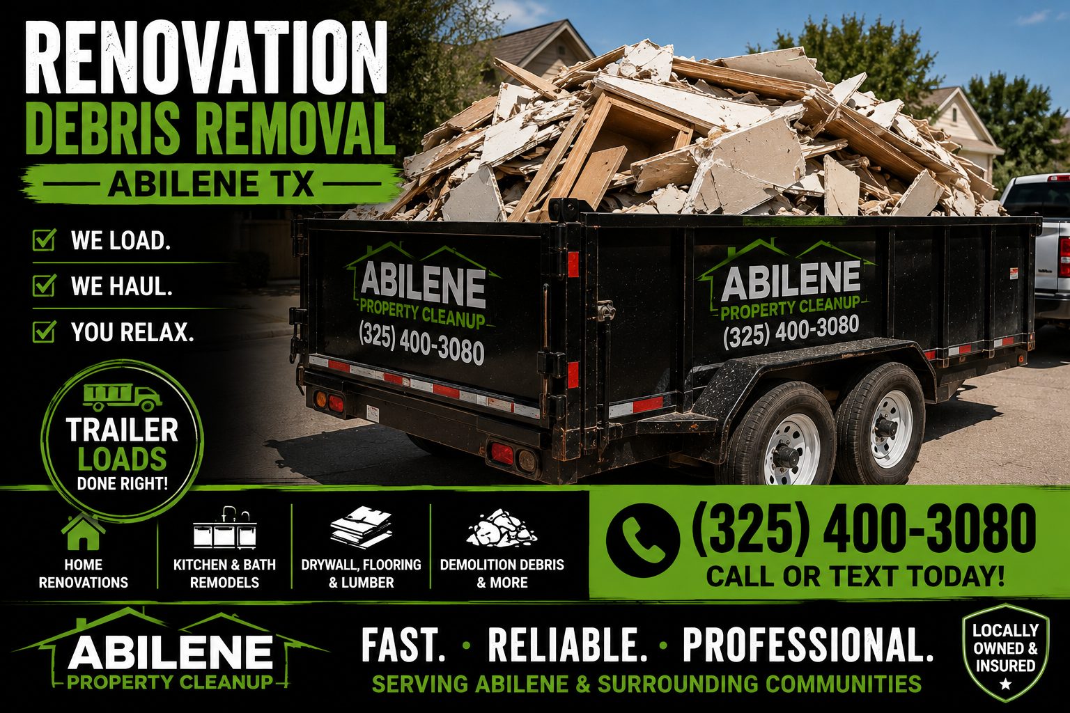 Loaded trailer filled with renovation debris for removal in Abilene TX
