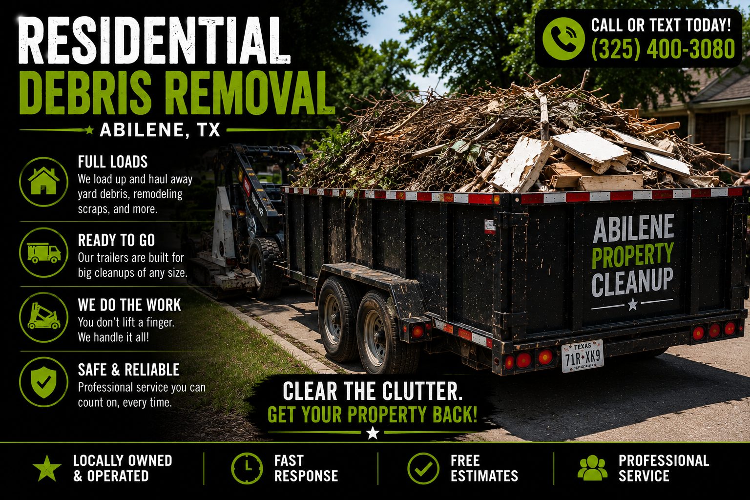 Residential debris removal in the rain in Abilene TX showing a Toro Dingo mini skid steer loading wet yard, fence, and remodeling debris into a trailer