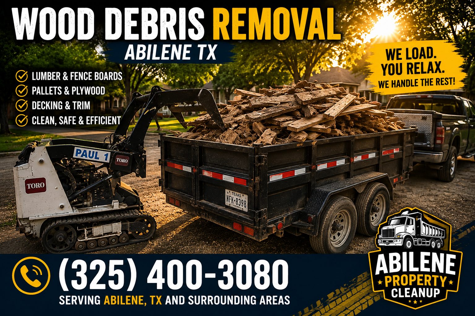 Loaded trailer filled with wood debris beside a Toro mini skid steer in Abilene TX