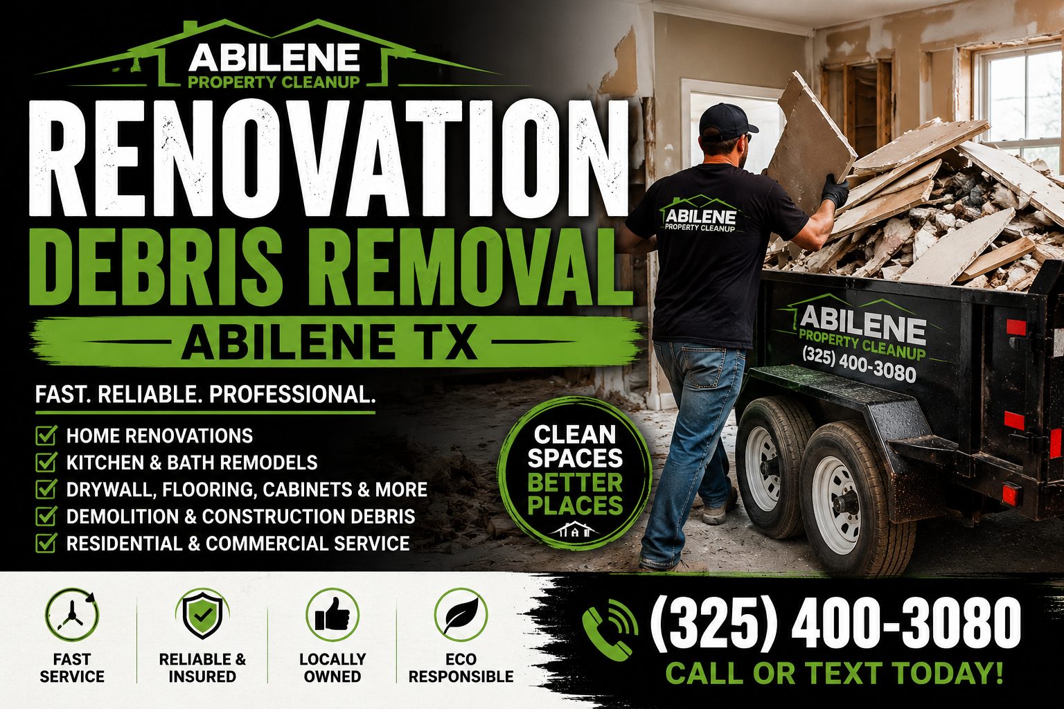 Renovation debris removal in Abilene TX for drywall, flooring, cabinets, lumber, and remodeling waste