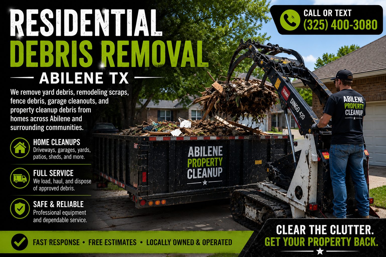 Residential debris removal in Abilene TX using a Toro Dingo mini skid steer to load yard, fence, remodeling, and home cleanup debris