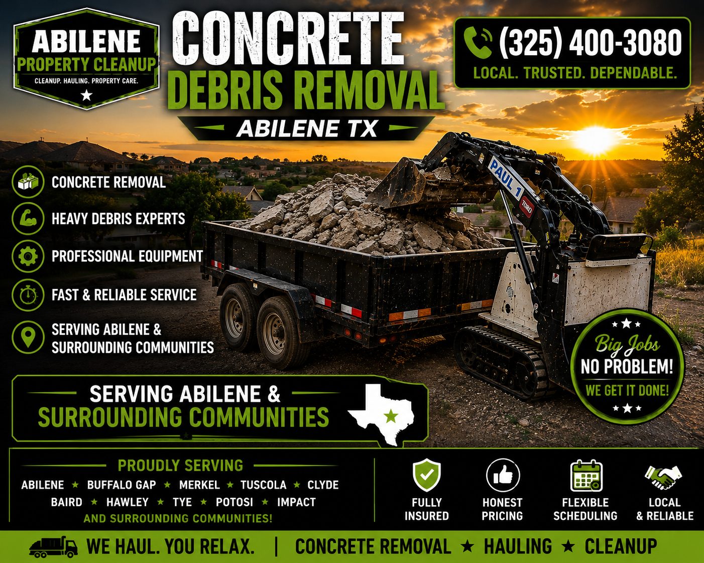 Concrete debris removal serving Abilene and surrounding communities with a mini skid steer and loaded trailer