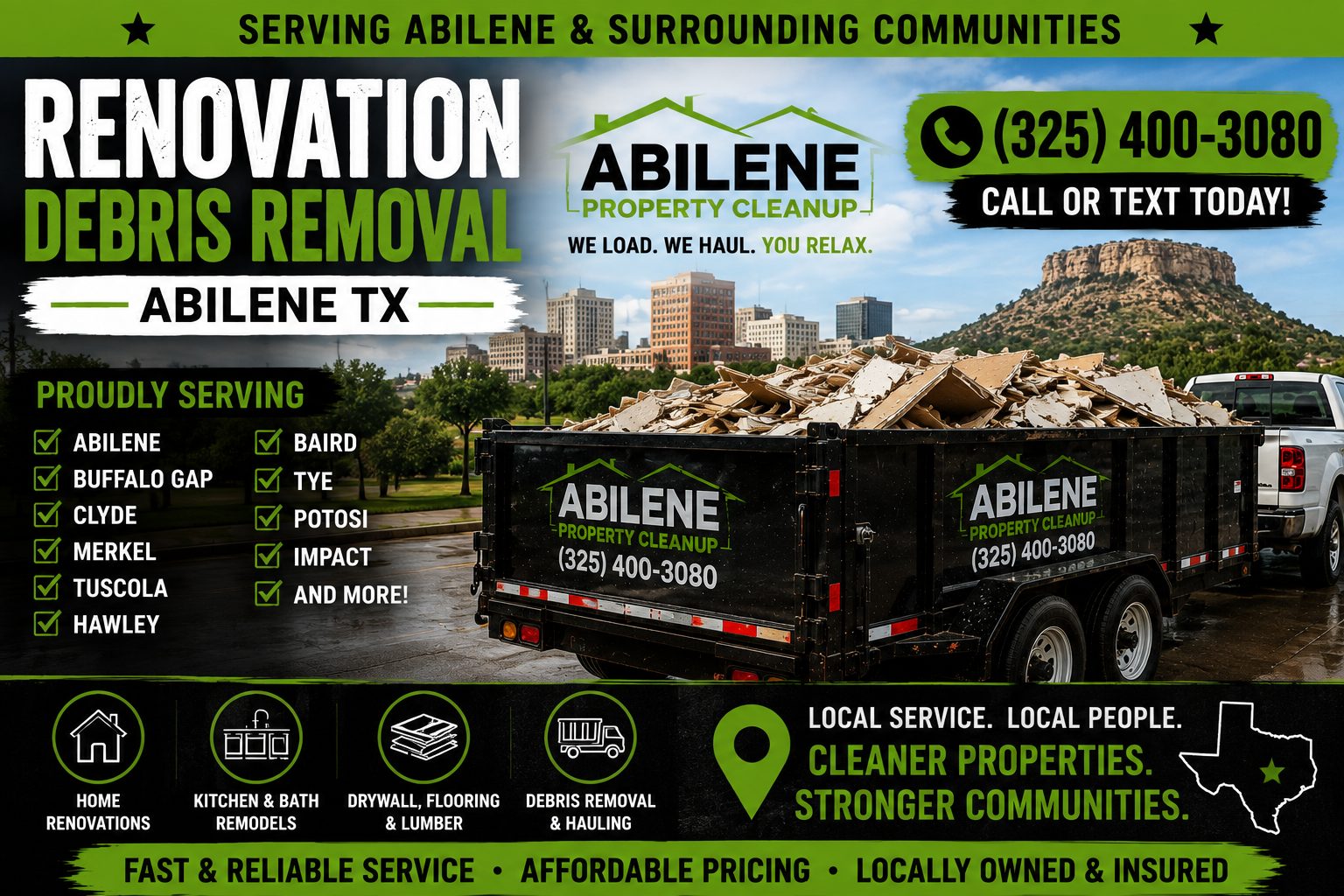 Renovation debris removal serving Abilene and surrounding communities in Texas