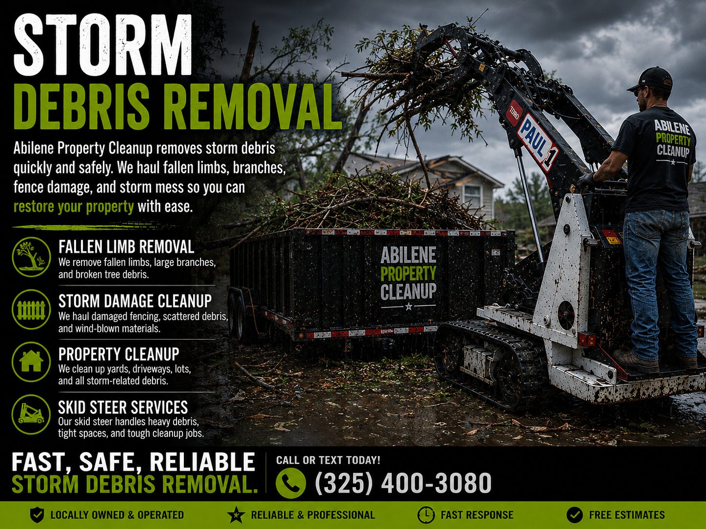 Storm debris removal in Abilene TX using a Toro Dingo skid steer to load fallen tree limbs, branches, and storm debris into a trailer after severe weather.