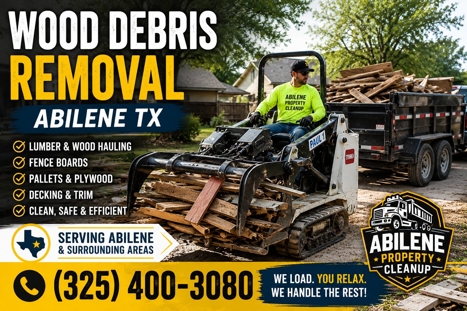 Wood debris removal in Abilene TX with a mini skid steer loading lumber, fence boards, pallets, plywood, decking, and trim